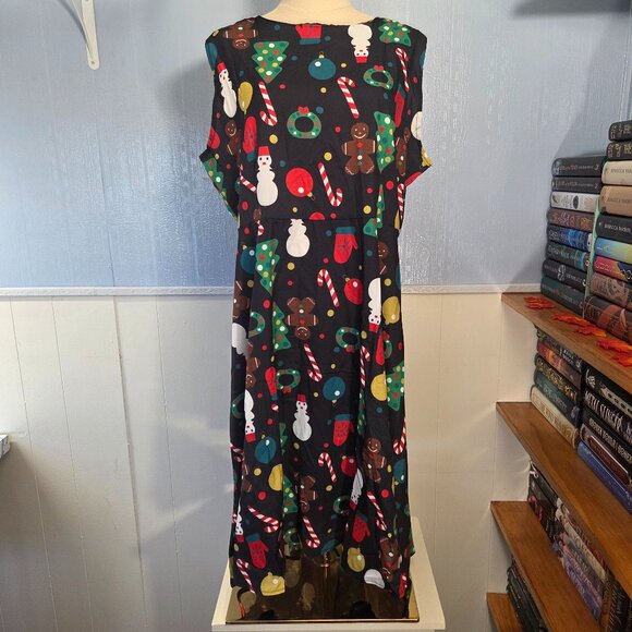 2XL Black Sleeveless Midi Holiday Christmas Tree Snowmen Print Dress - Picture 1 of 11